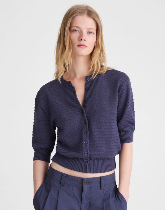 Madewell Textured Short-Sleeve Cardigan in 100% Cotton Petrol Navy