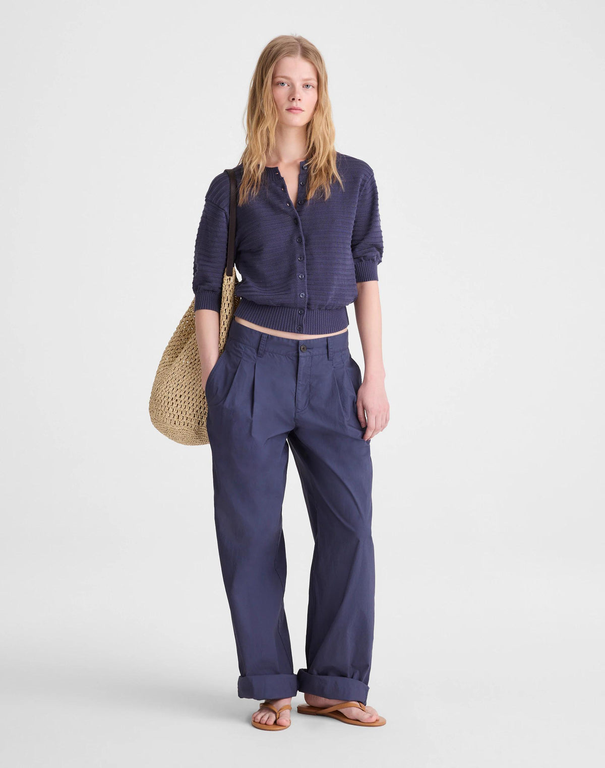 Madewell Textured Short-Sleeve Cardigan in 100% Cotton Petrol Navy