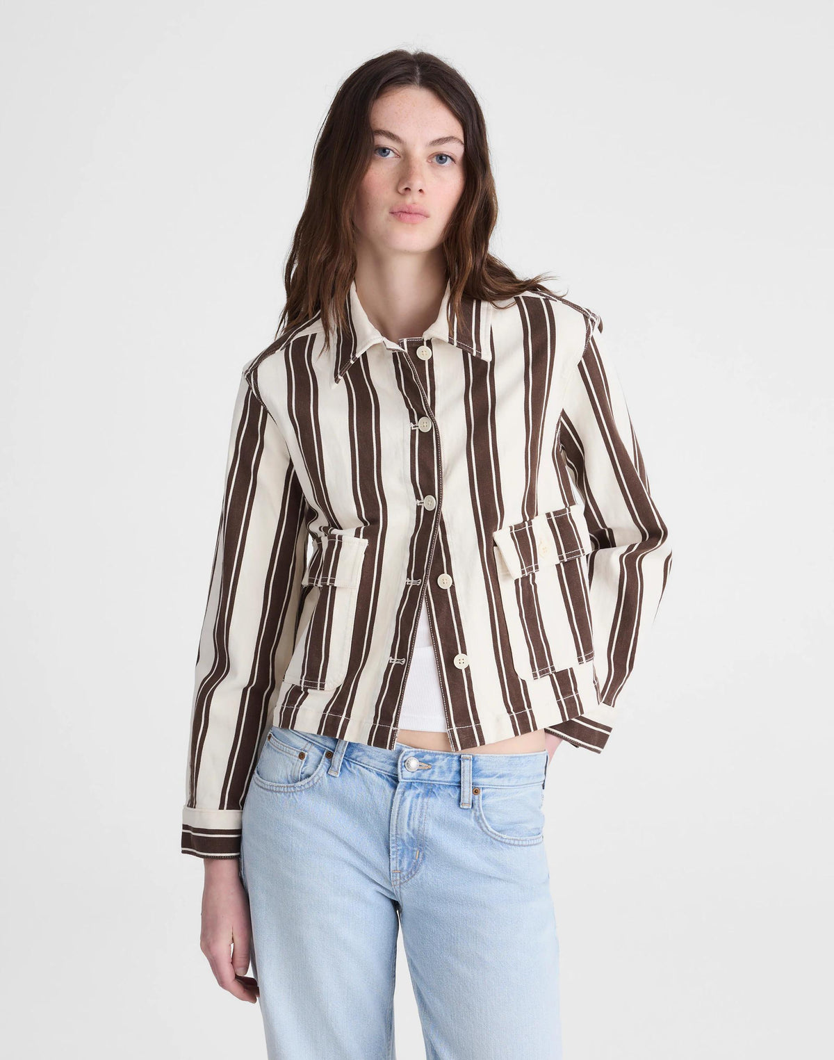 Madewell Cropped Button-Front Jacket Dark Brown Stripe