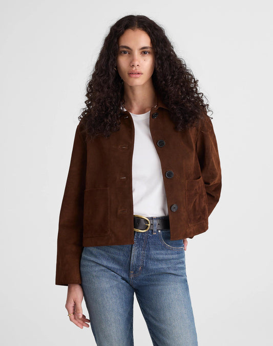 Madewell Boxy-Crop Jacket in Suede Dark Roast Suede