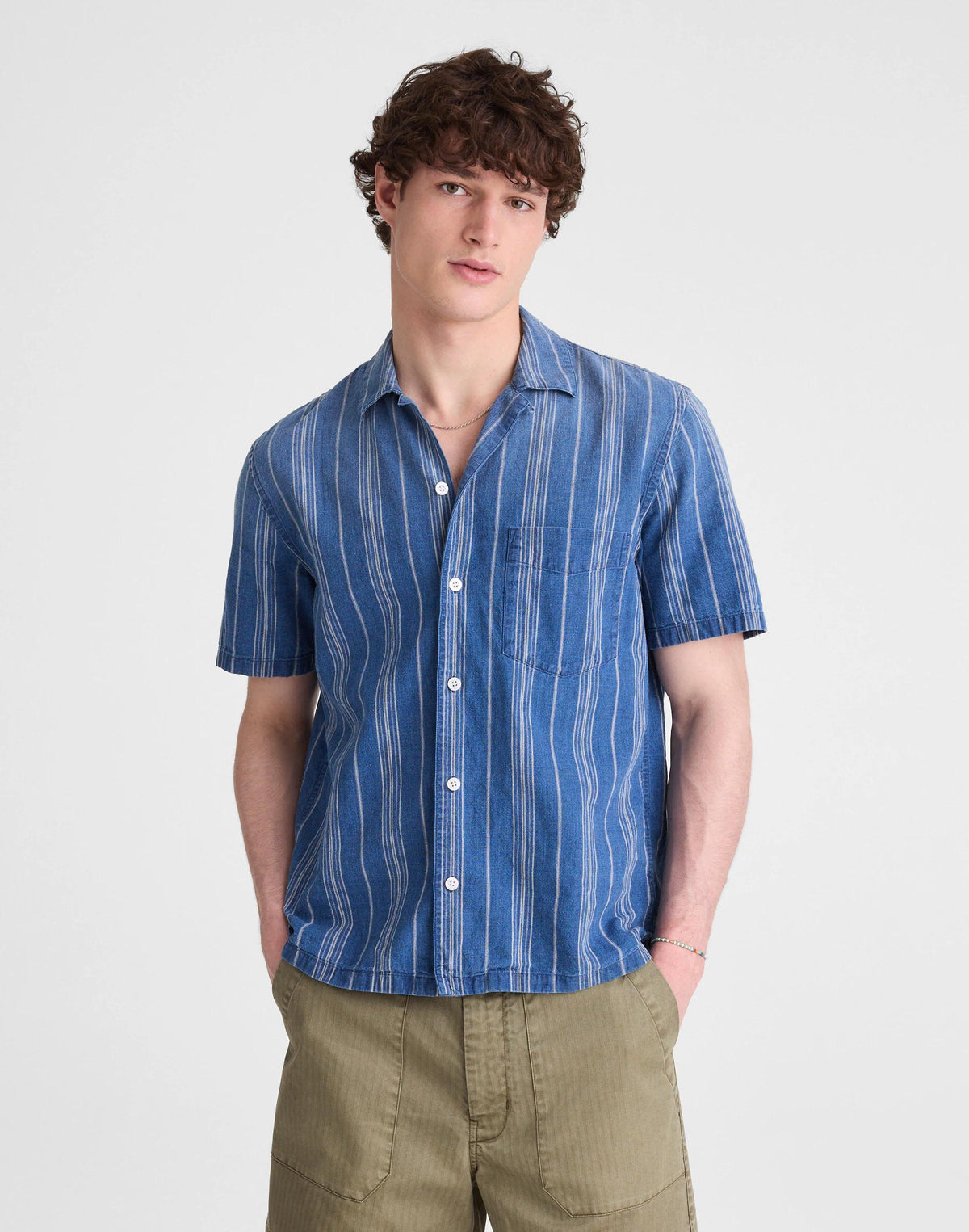 Madewell The Short-Sleeve Camp Shirt in Indigo Linen-Cotton Blend Neal Stripe