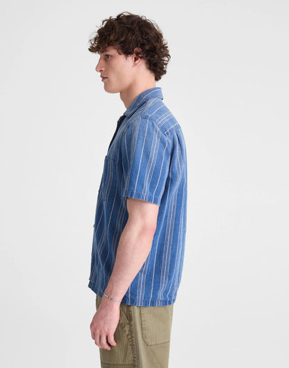 Madewell The Short-Sleeve Camp Shirt in Indigo Linen-Cotton Blend Neal Stripe