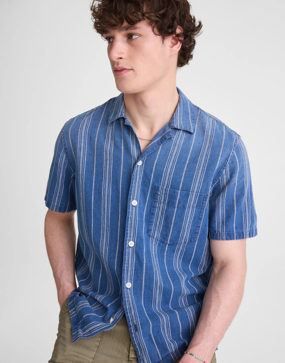 Madewell The Short-Sleeve Camp Shirt in Indigo Linen-Cotton Blend Neal Stripe