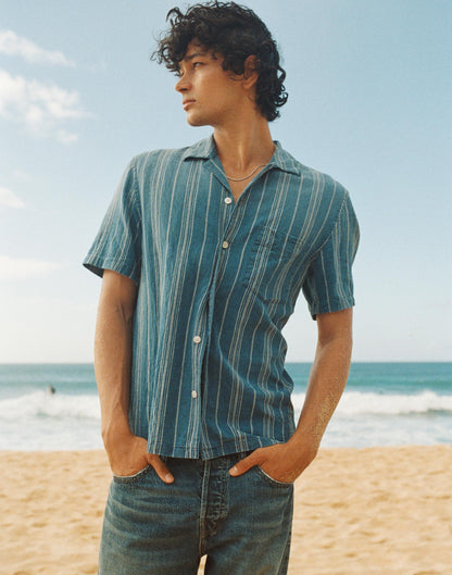 Madewell The Short-Sleeve Camp Shirt in Indigo Linen-Cotton Blend Neal Stripe