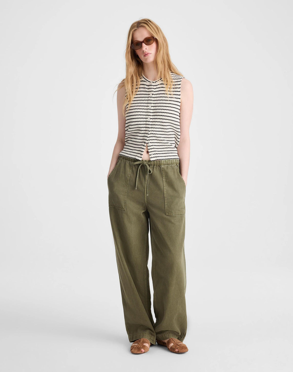 Madewell Textured-Knit  Button-Front Shell Top Ivory And Black Tuck Stitch