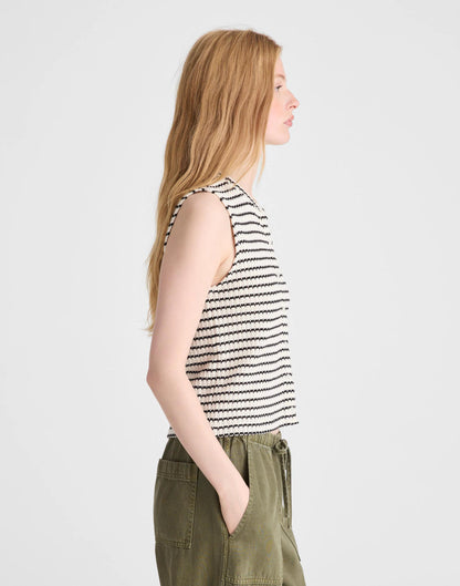 Madewell Textured-Knit  Button-Front Shell Top Ivory And Black Tuck Stitch