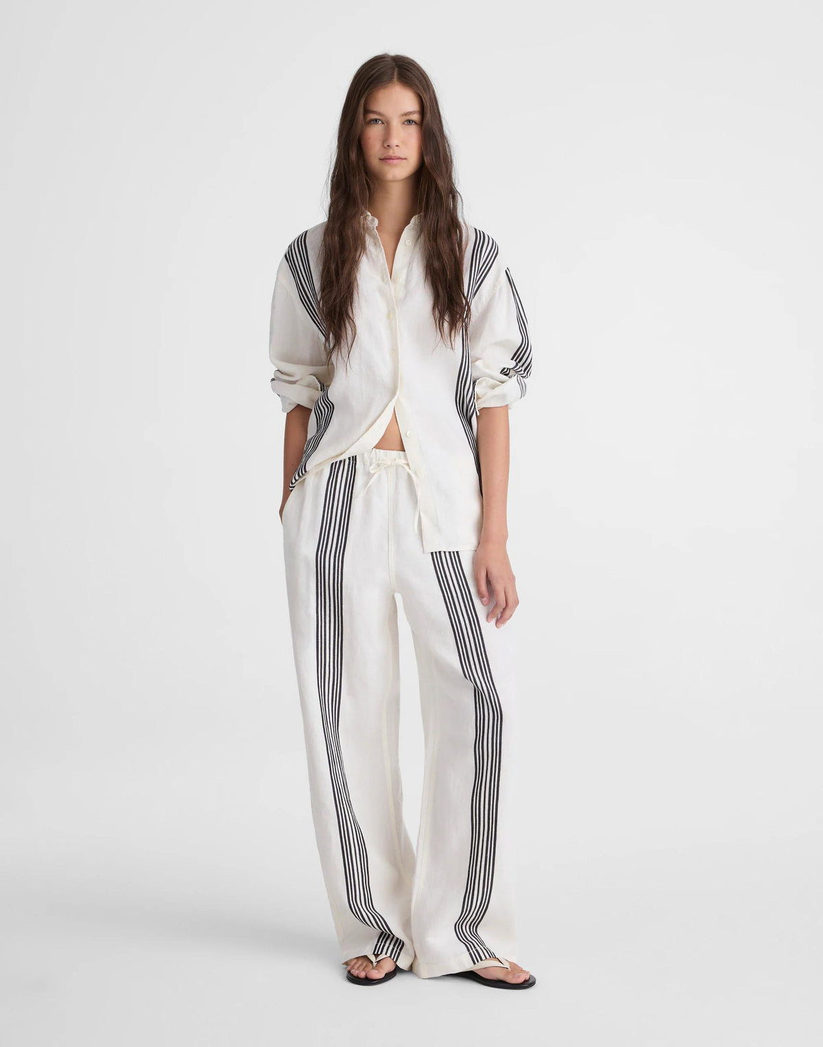 Madewell Pull-On Pants in Linen Blend Bold Placement Stripe Black
