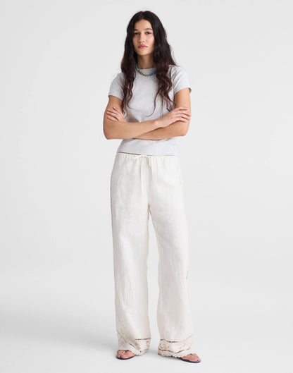 Madewell Eyelet Drawstring Pants in 100% Linen Ivory Linen