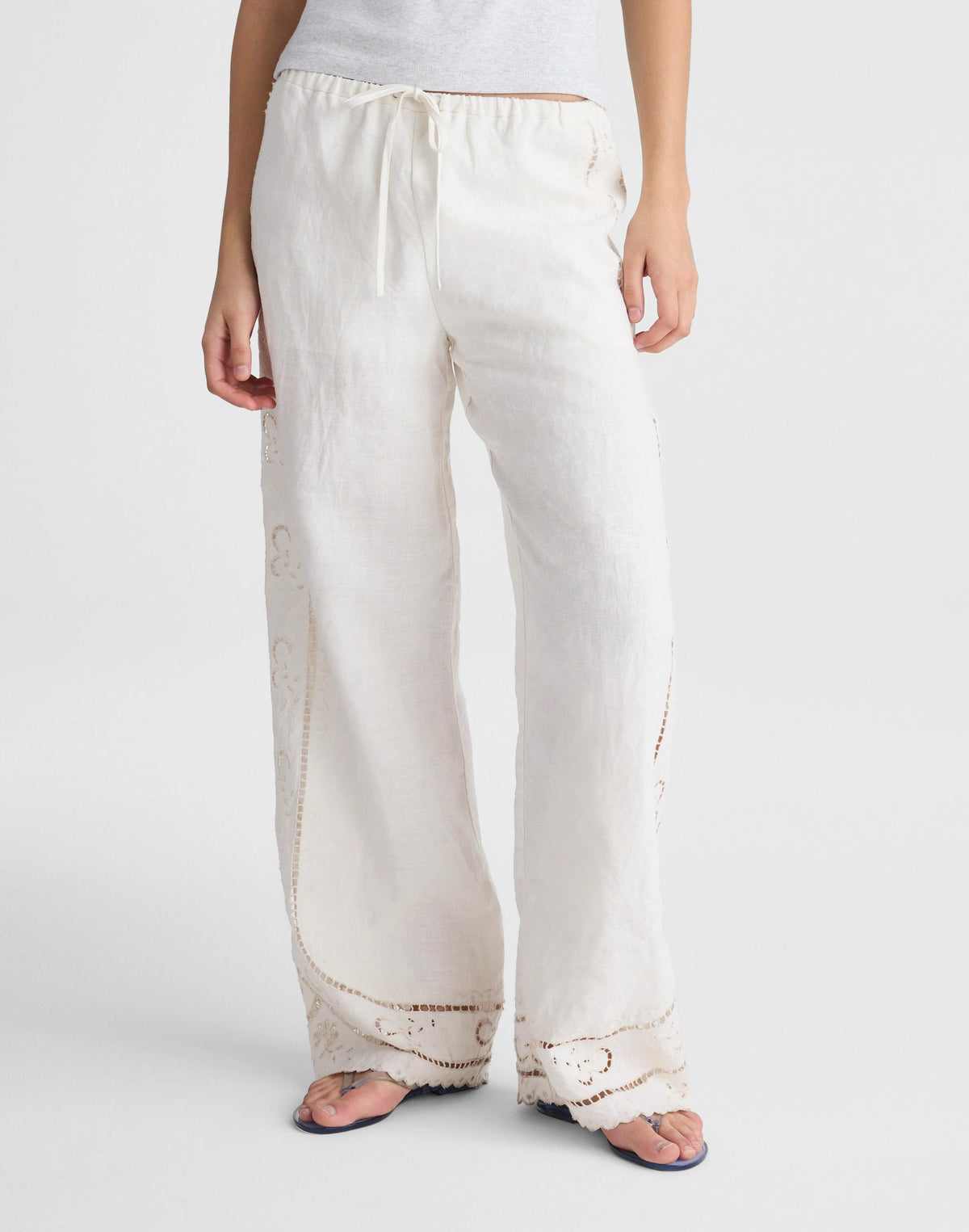 Madewell Eyelet Drawstring Pants in 100% Linen Ivory Linen