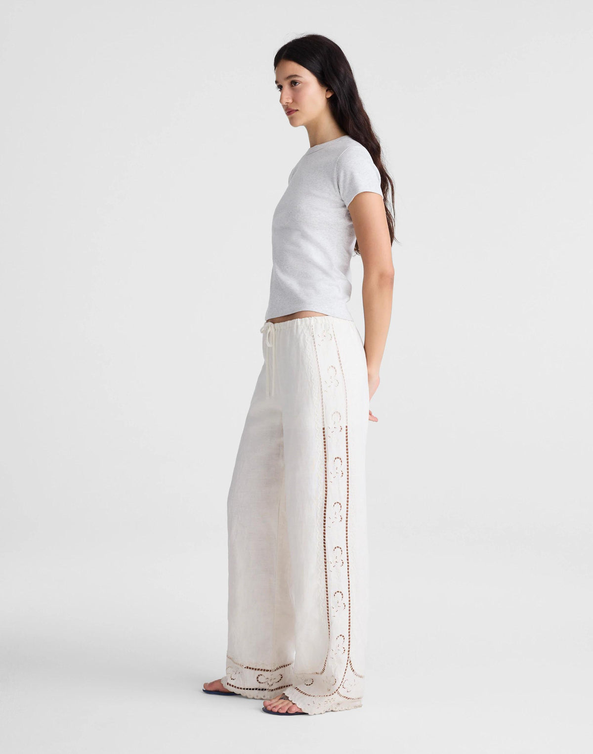 Madewell Eyelet Drawstring Pants in 100% Linen Ivory Linen