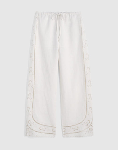 Madewell Eyelet Drawstring Pants in 100% Linen Ivory Linen