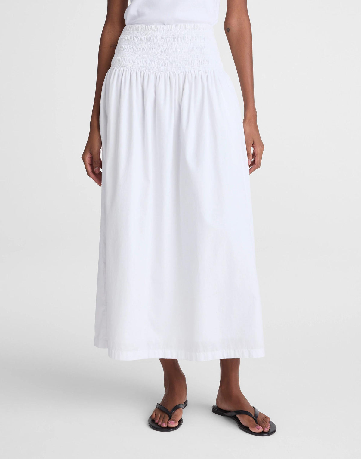 Madewell Smocked-Waist Midi Skirt in Poplin White