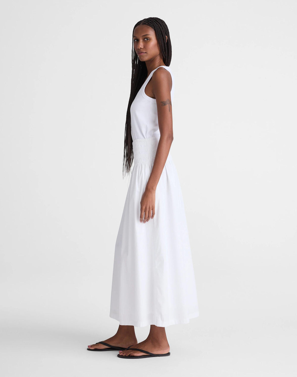 Madewell Smocked-Waist Midi Skirt in Poplin White