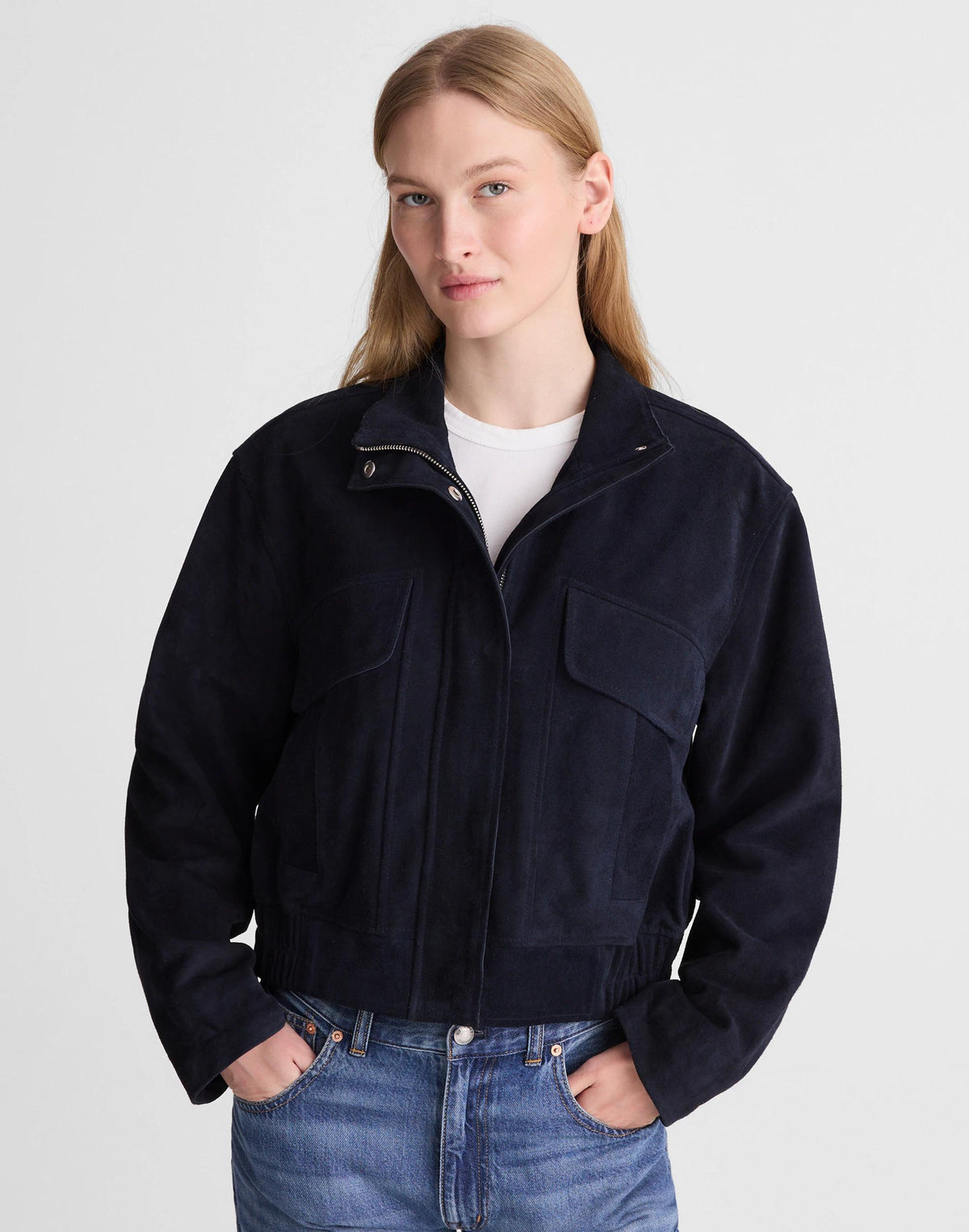 Madewell Funnel-Neck Utility Jacket in Suede Classic Navy