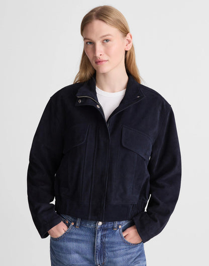 Madewell Funnel-Neck Utility Jacket in Suede Classic Navy