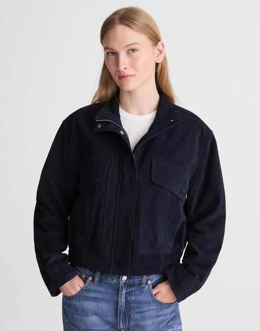 Madewell Funnel-Neck Utility Jacket in Suede Classic Navy