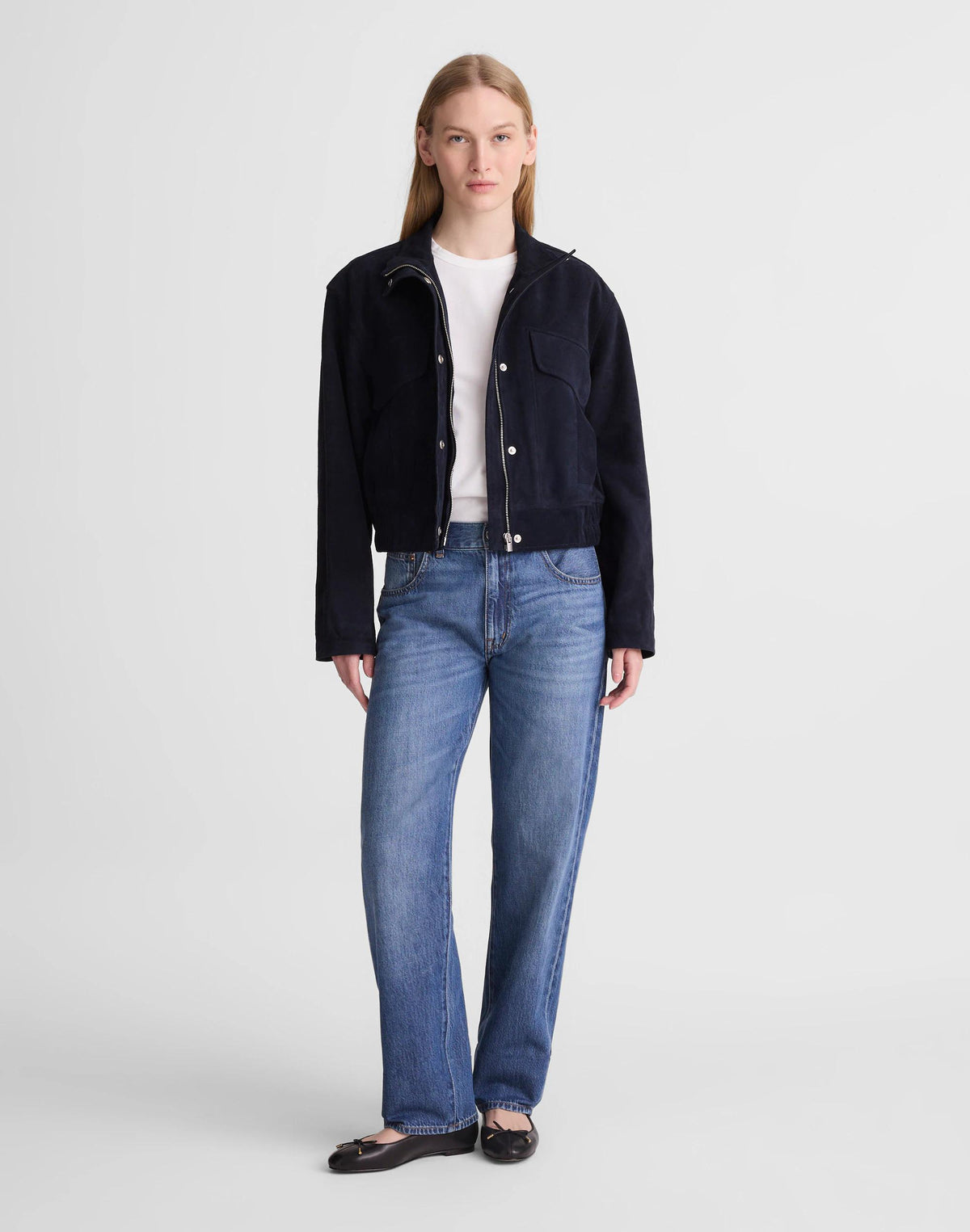 Madewell Funnel-Neck Utility Jacket in Suede Classic Navy