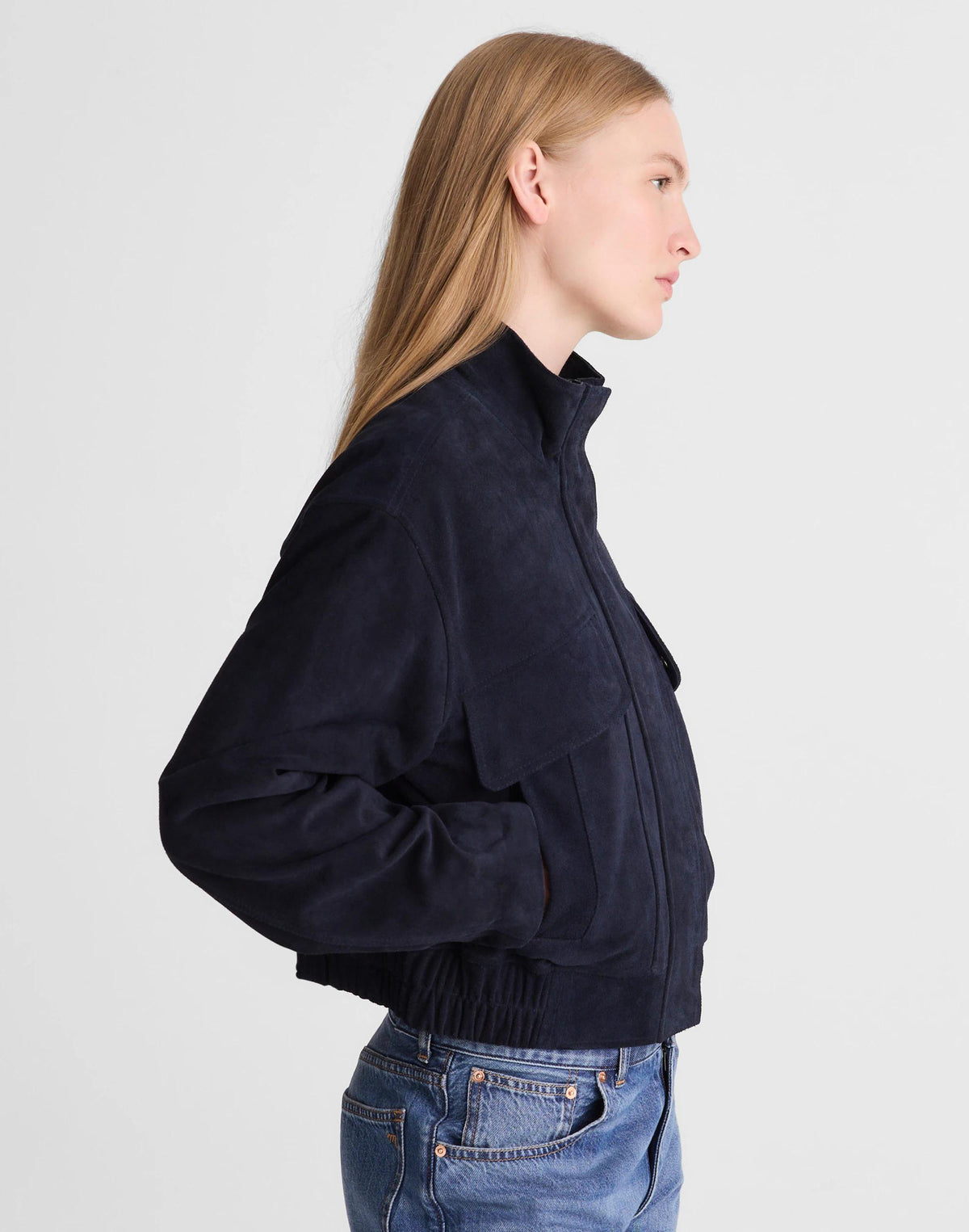 Madewell Funnel-Neck Utility Jacket in Suede Classic Navy