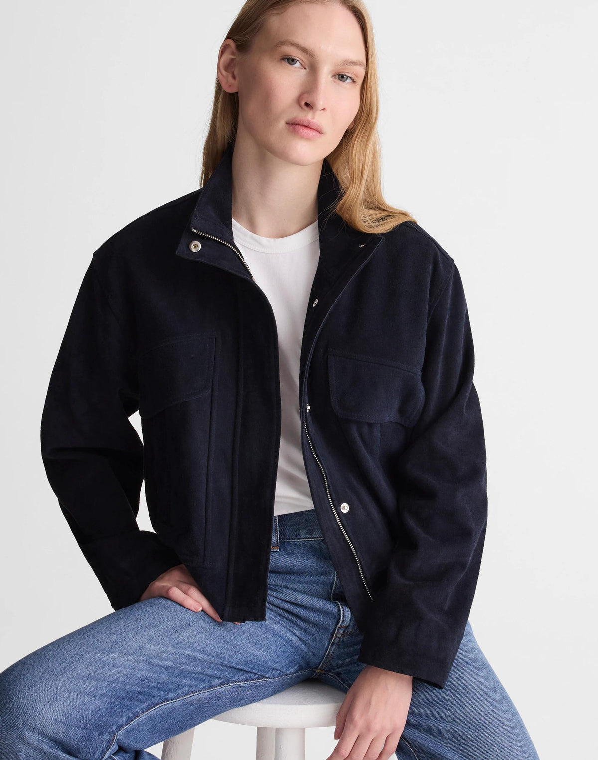 Madewell Funnel-Neck Utility Jacket in Suede Classic Navy