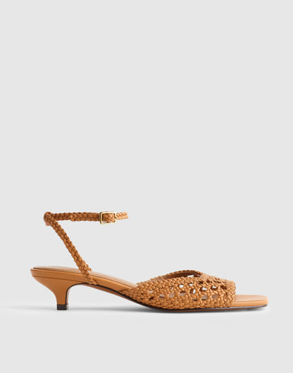 Madewell The Tyra Ankle-Strap Kitten-Heel Sandal in Woven Leather Sunbaked Tan