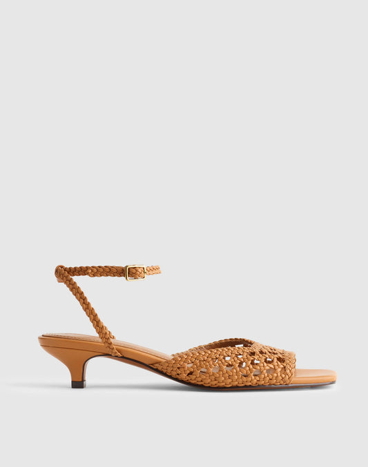 Madewell The Tyra Ankle-Strap Kitten-Heel Sandal in Woven Leather Sunbaked Tan