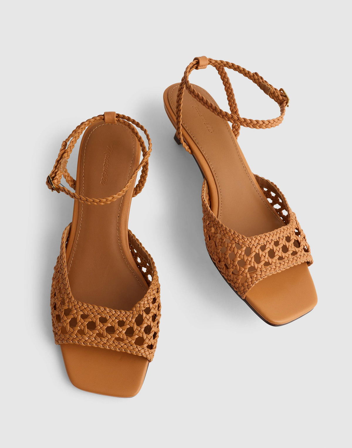 Madewell The Tyra Ankle-Strap Kitten-Heel Sandal in Woven Leather Sunbaked Tan