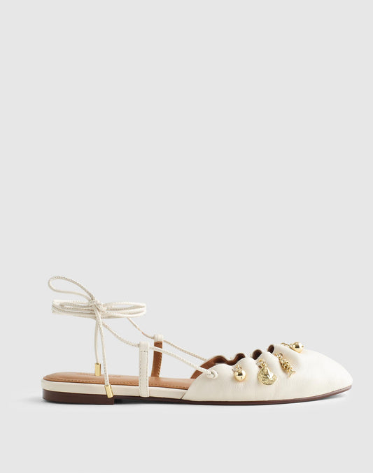 Madewell Madewell x Shopbop Greta Ruched Ankle-Tie Flat in Leather Vintage Ivory