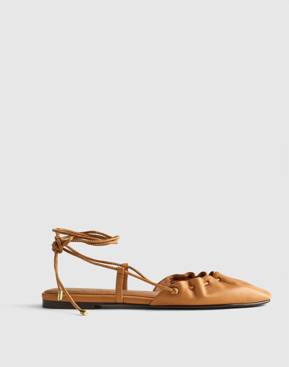 Madewell The Greta Ruched Ankle-Tie Flat in Leather Golden Tan
