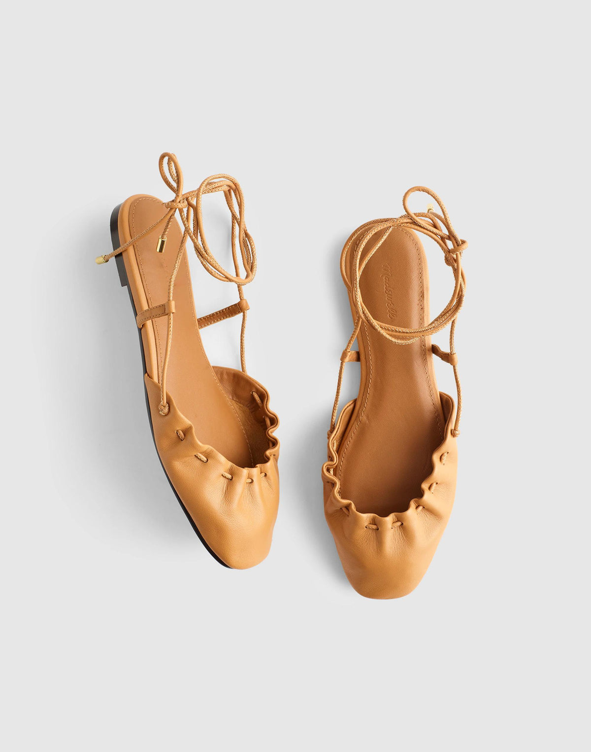 Madewell The Greta Ruched Ankle-Tie Flat in Leather Golden Tan