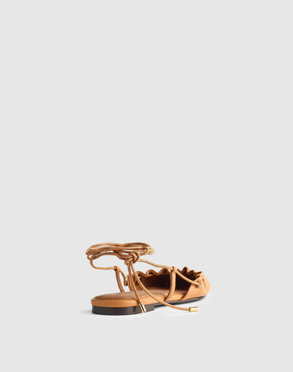Madewell The Greta Ruched Ankle-Tie Flat in Leather Golden Tan
