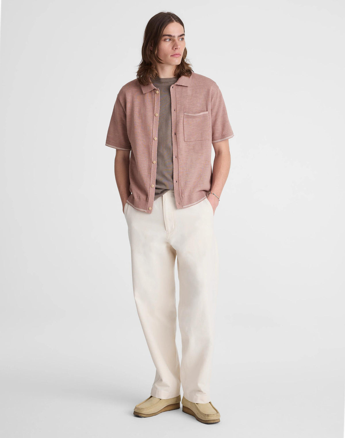 Madewell Tipped Knit Button-Up Shirt in Slub Knit Cotton Pale Thistle