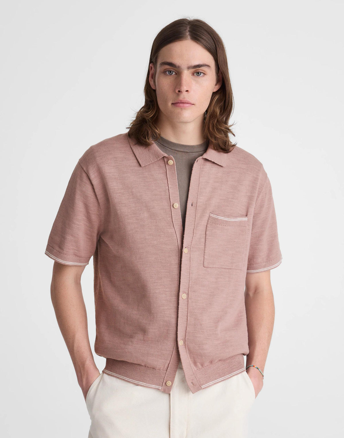 Madewell Tipped Knit Button-Up Shirt in Slub Knit Cotton Pale Thistle