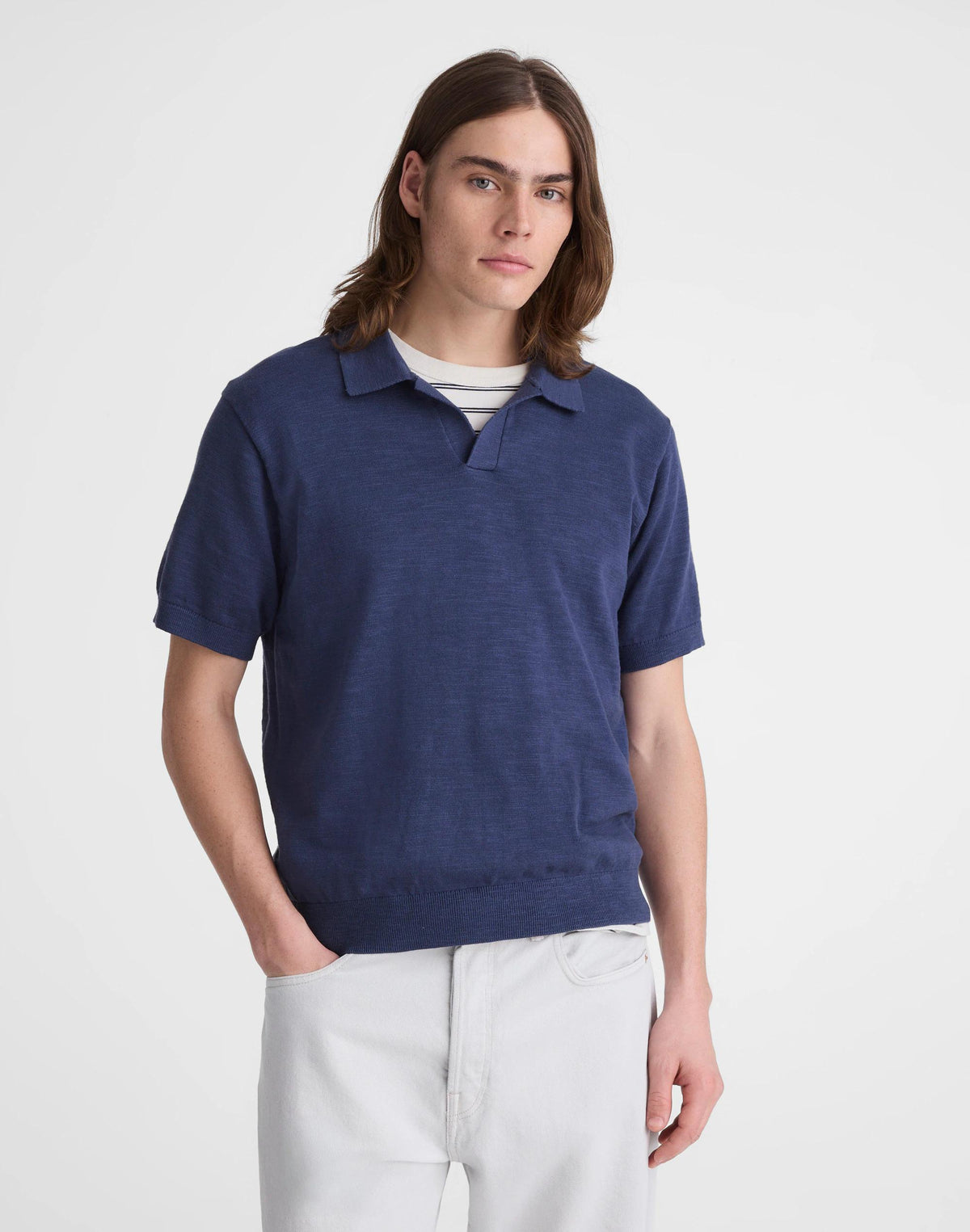 Madewell Johnny-Collar Sweater Polo in Slub Knit Cotton Petrol Navy