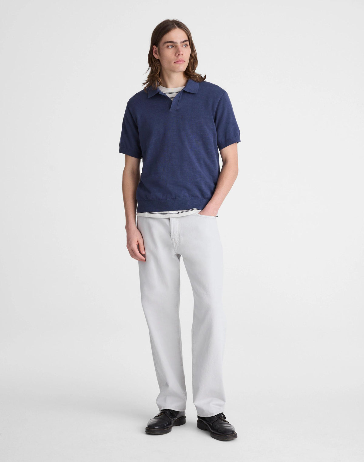 Madewell Johnny-Collar Sweater Polo in Slub Knit Cotton Petrol Navy