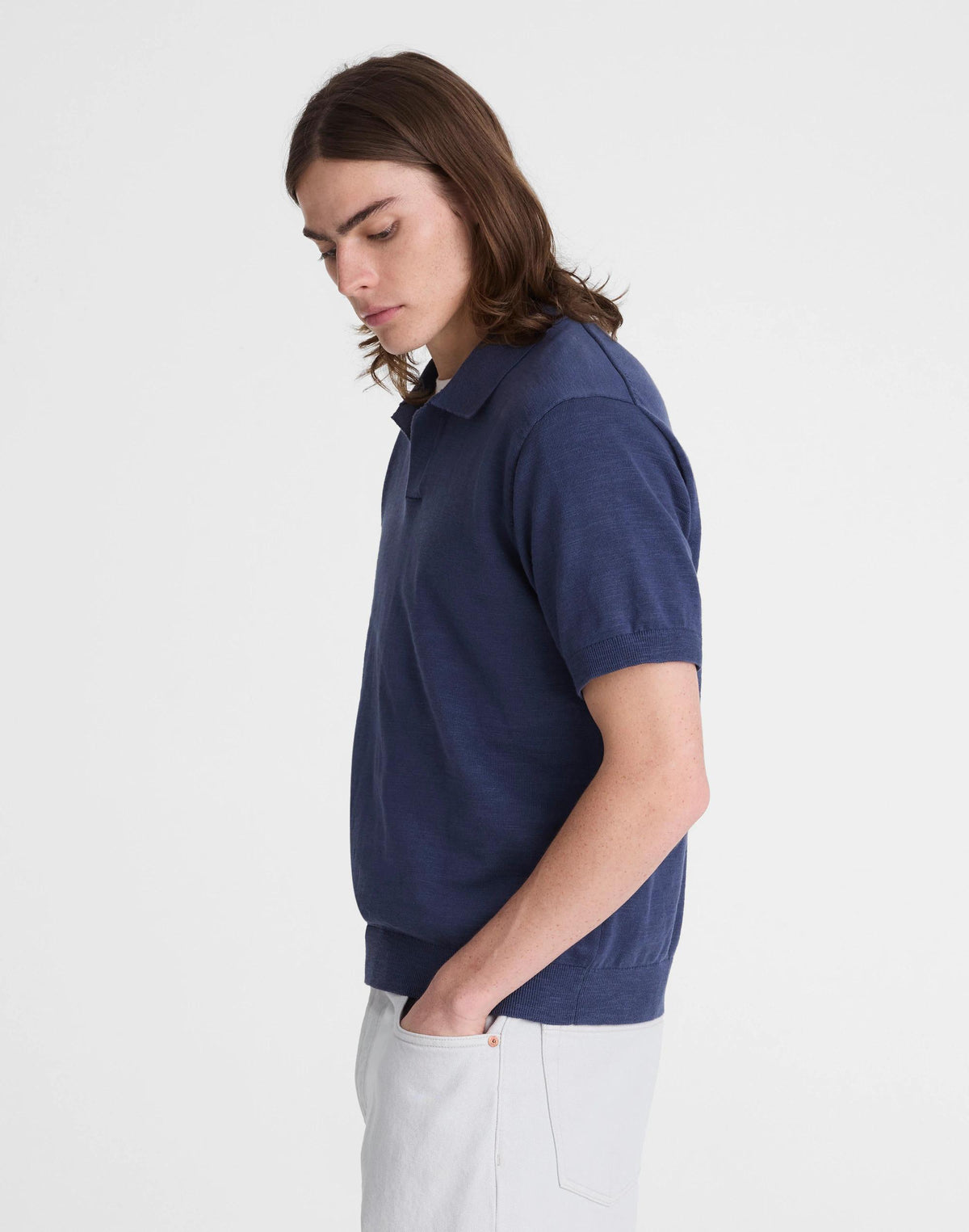 Madewell Johnny-Collar Sweater Polo in Slub Knit Cotton Petrol Navy
