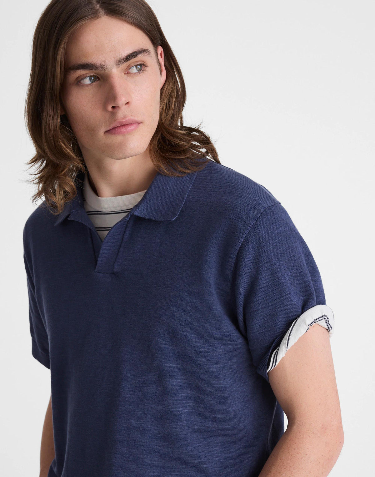 Madewell Johnny-Collar Sweater Polo in Slub Knit Cotton Petrol Navy