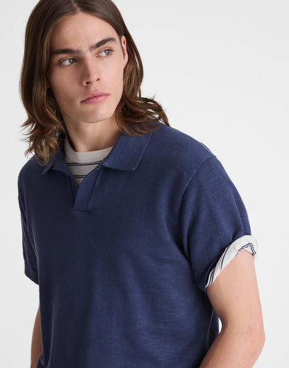 Madewell Johnny-Collar Sweater Polo in Slub Knit Cotton Petrol Navy