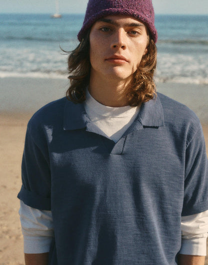 Madewell Johnny-Collar Sweater Polo in Slub Knit Cotton Petrol Navy