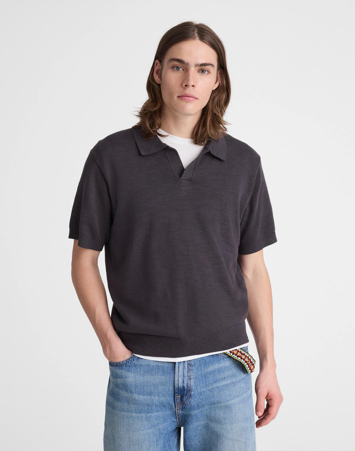 Madewell Johnny-Collar Sweater Polo in Slub Knit Cotton Coal