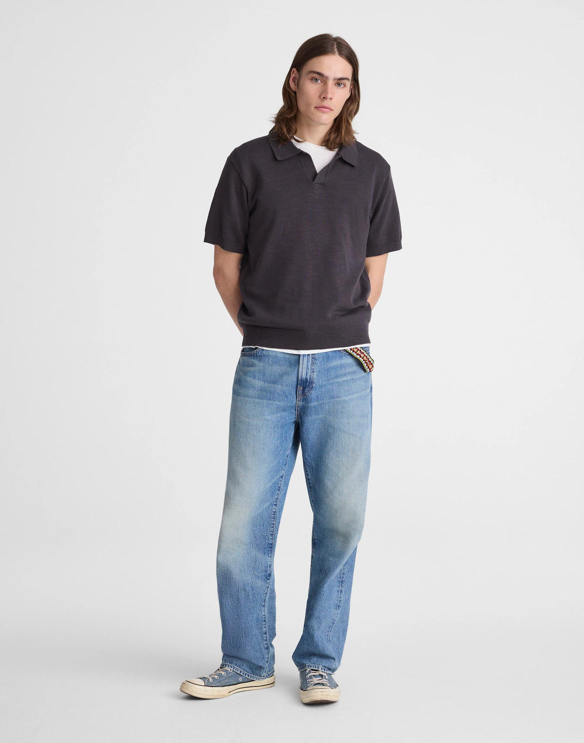 Madewell Johnny-Collar Sweater Polo in Slub Knit Cotton Coal