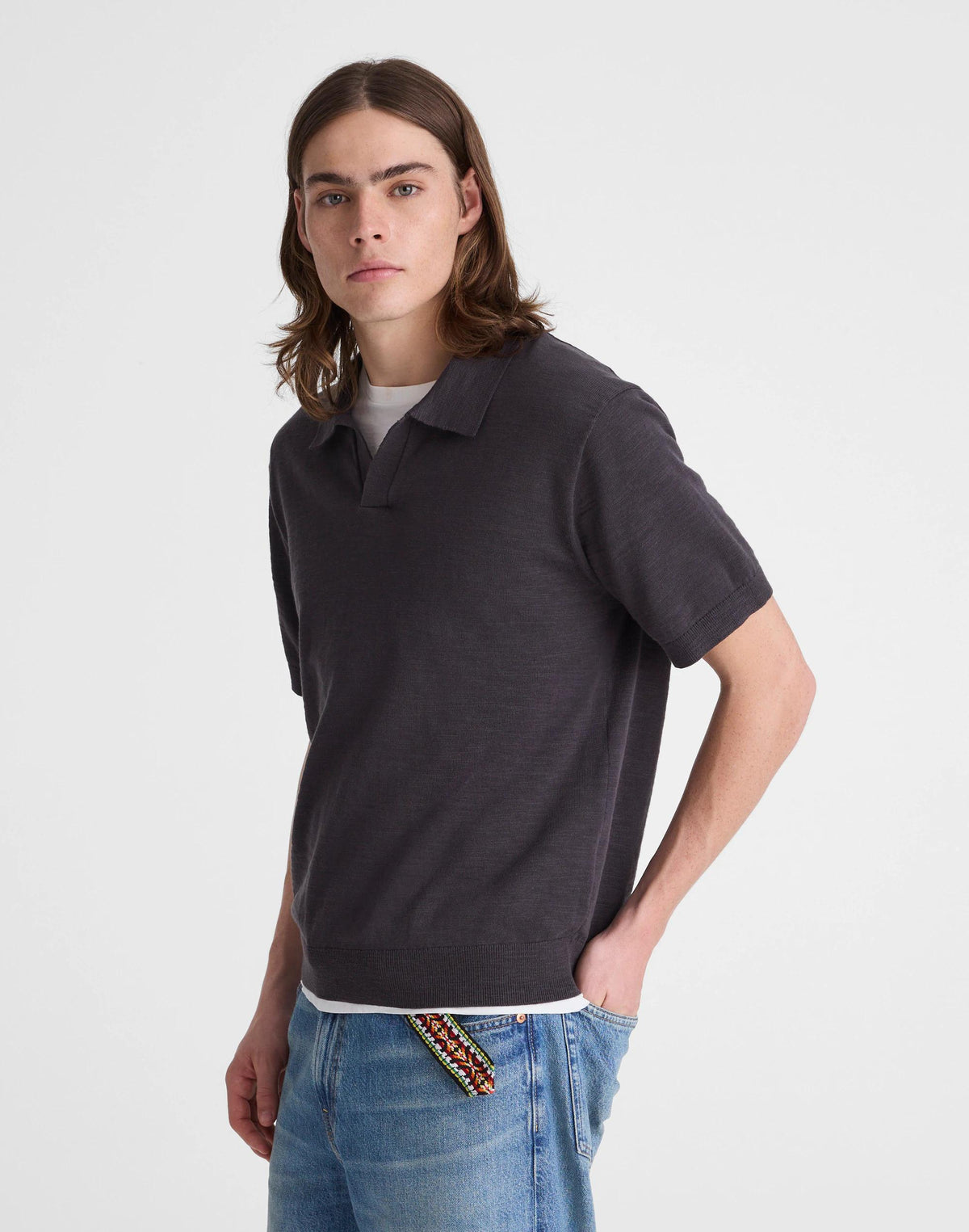 Madewell Johnny-Collar Sweater Polo in Slub Knit Cotton Coal