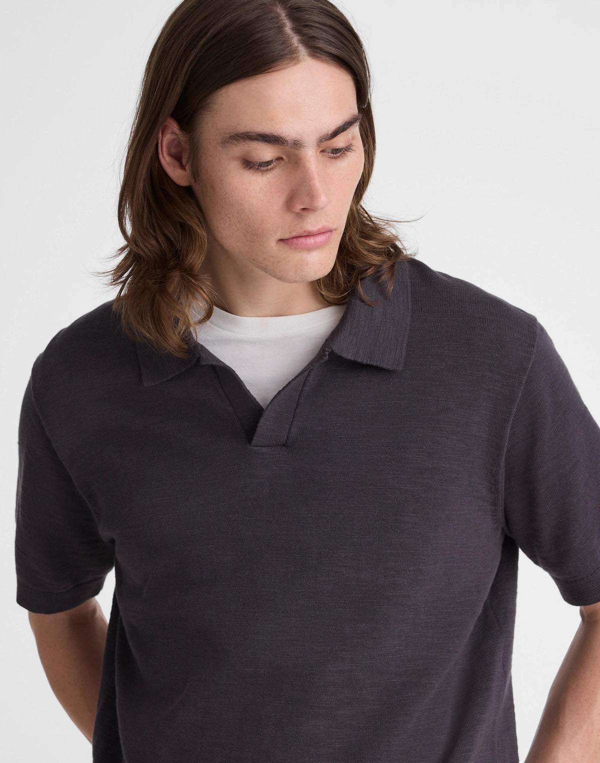Madewell Johnny-Collar Sweater Polo in Slub Knit Cotton Coal