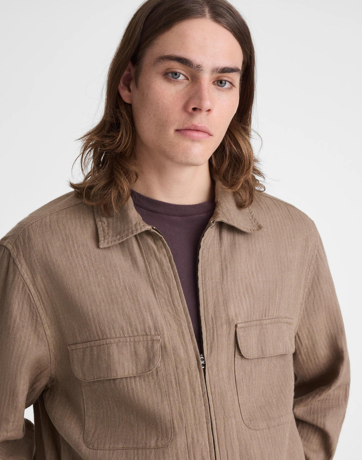Madewell Zip-Front Jacket in Herringbone Cotton-Linen Blend Light Mauve