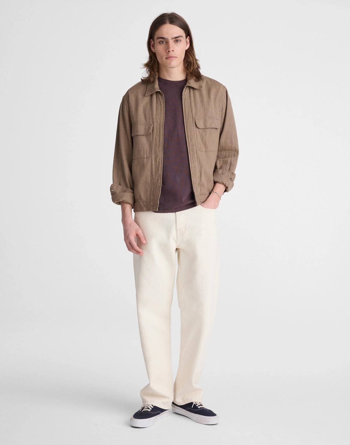 Madewell Zip-Front Jacket in Herringbone Cotton-Linen Blend Light Mauve