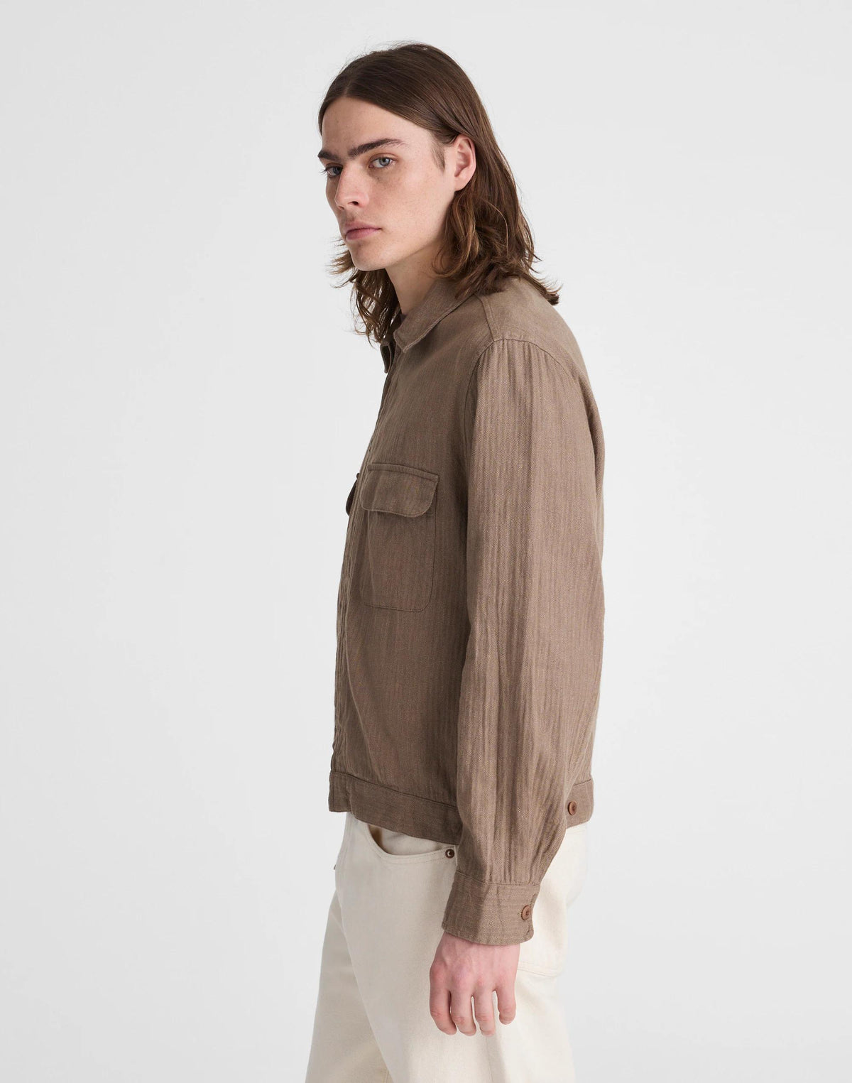 Madewell Zip-Front Jacket in Herringbone Cotton-Linen Blend Light Mauve