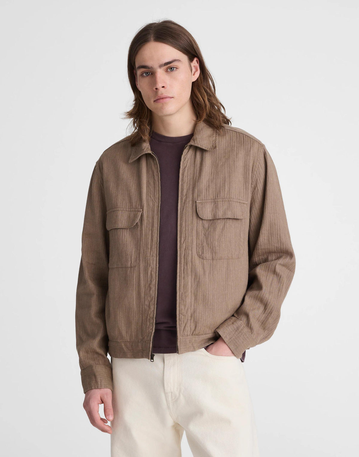 Madewell Zip-Front Jacket in Herringbone Cotton-Linen Blend Light Mauve