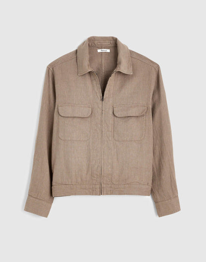 Madewell Zip-Front Jacket in Herringbone Cotton-Linen Blend Light Mauve