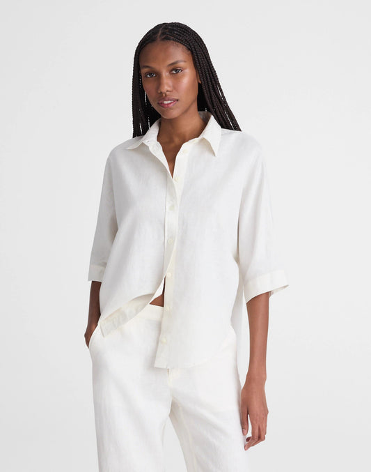 Madewell Relaxed Pleat-Sleeve Button-Up Shirt in Cotton-Linen Blend Ivory Linen