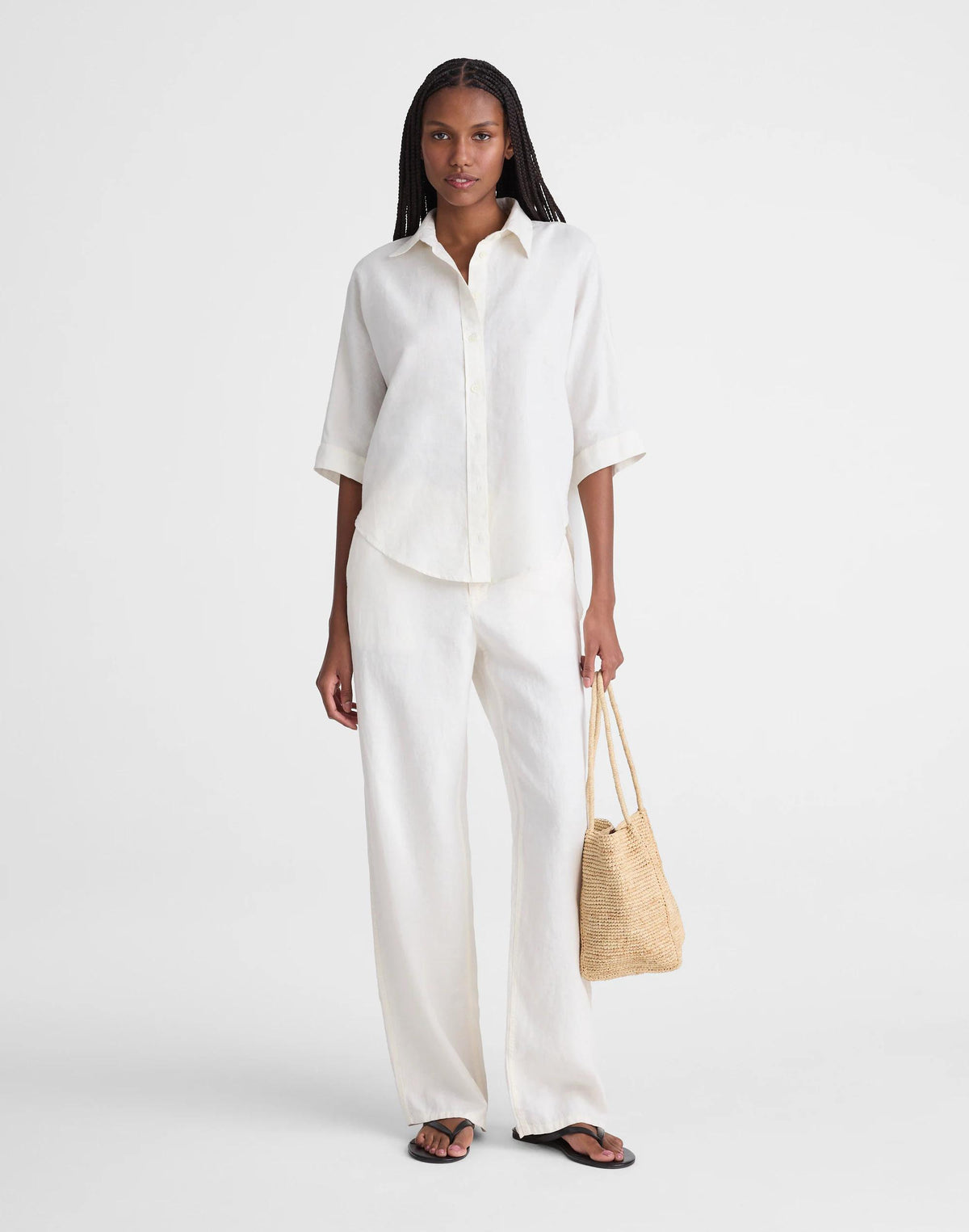 Madewell Relaxed Pleat-Sleeve Button-Up Shirt in Cotton-Linen Blend Ivory Linen