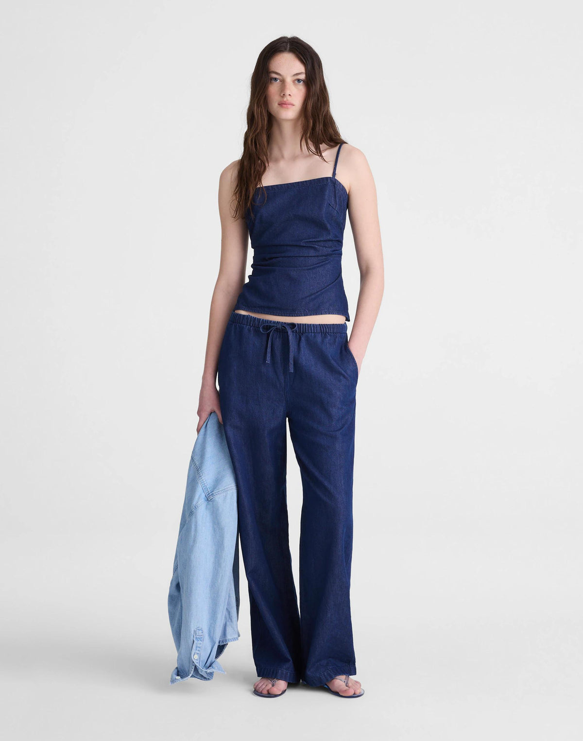 Madewell Airy Denim Ruched Squareneck Tank Nostalgic Blue